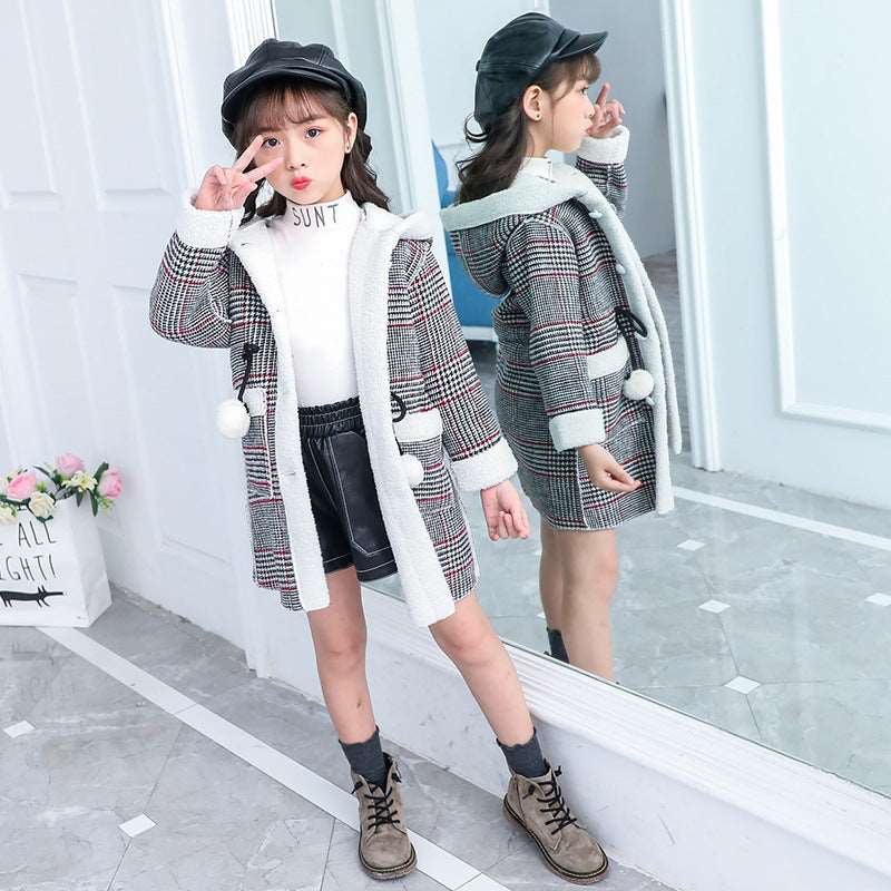 2021 new foreign gas plus velvet jacket thick medium and large children Korean version of the coat woolen coat