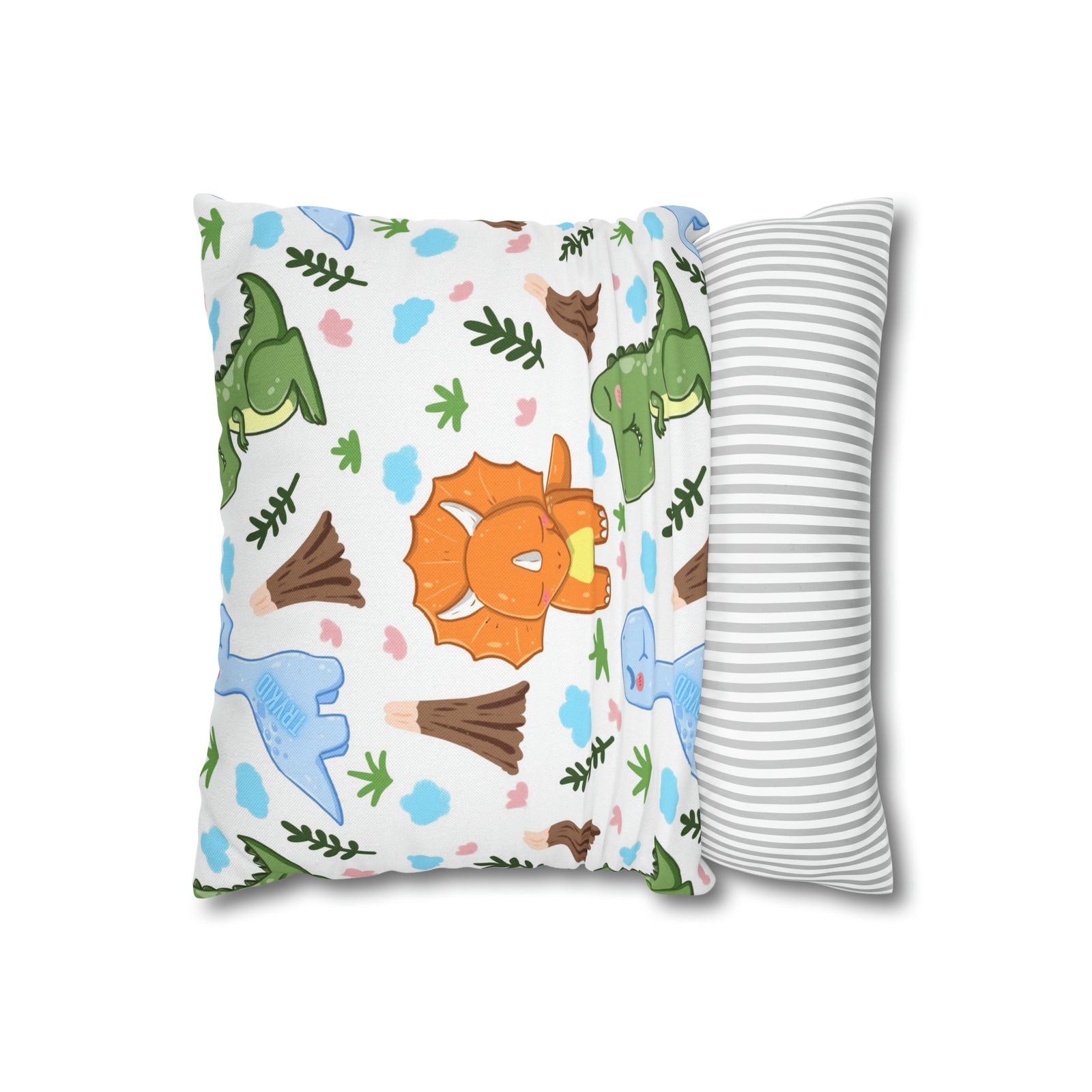 TryKid's Dino Haven Spun Polyester Square Pillow Case - Cozy and Stylish, Featuring the Same Vibrant Dinosaur and Tree Design for a Fun Kids' Bedroom