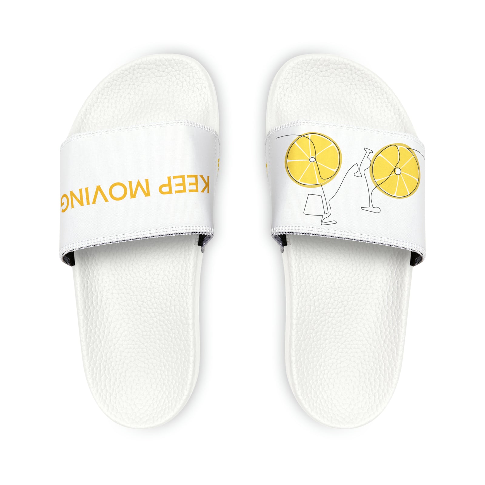 Stride in Style: Youth PU Slide Sandals featuring the TryKid Logo, Bicycle, and Keep Moving Unique Design for Cool and Trending Vibes!