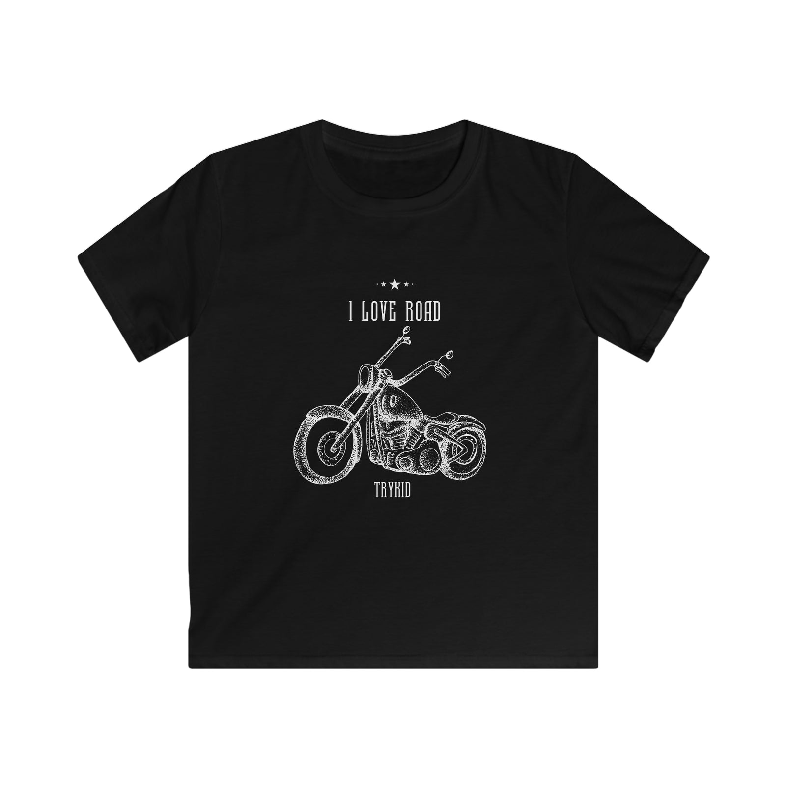 Elevate Young Style: TRYKID Logo Softstyle Tee with Skull, Road Motorbike Love, and Champions Club Design