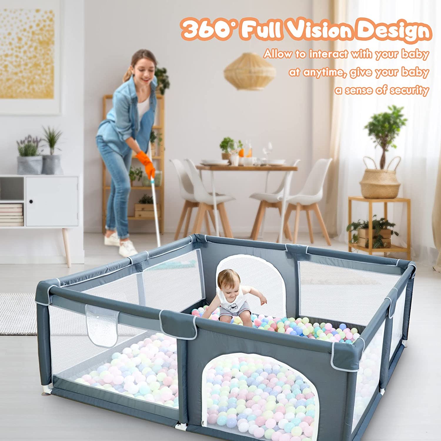 Large Baby Playpen79x71, Extra Large Play Pen For Babies And Toddlers, Play Yard With Gate, Baby Fence With Breathable Mesh, Safety Indoor & Outdoor Activity Center Grey - TryKid