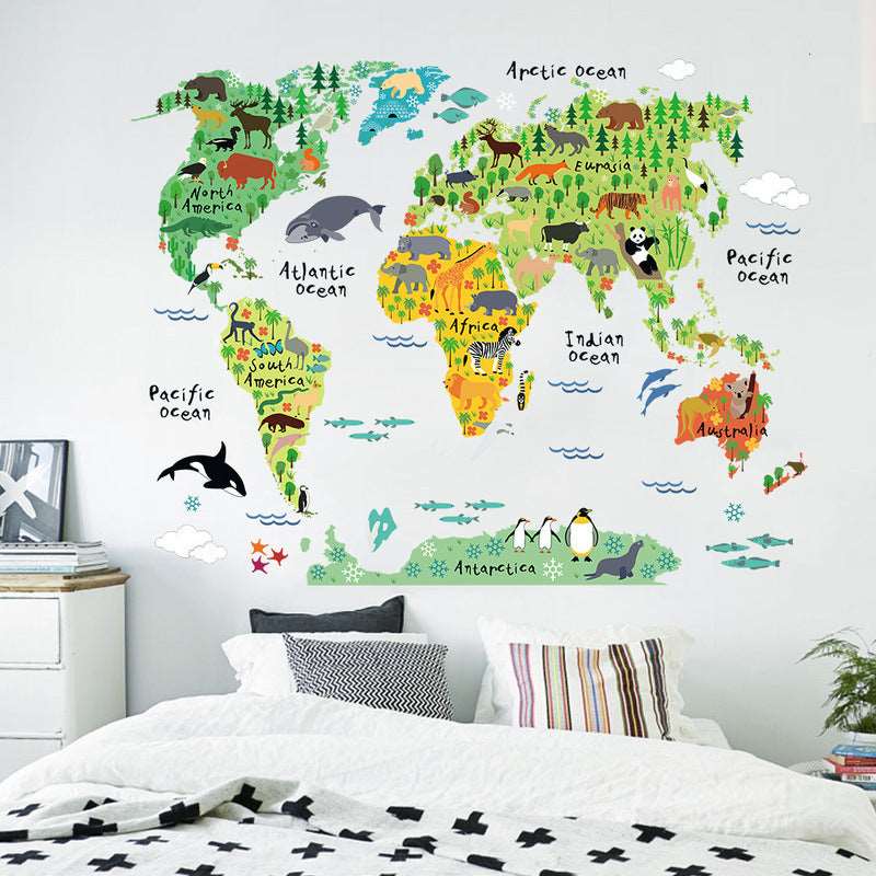 Animal cartoon map bedroom living room background wall sticker