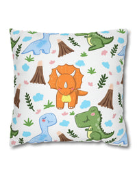 TryKid's Dino Haven Spun Polyester Square Pillow Case - Cozy and Stylish, Featuring the Same Vibrant Dinosaur and Tree Design for a Fun Kids' Bedroom
