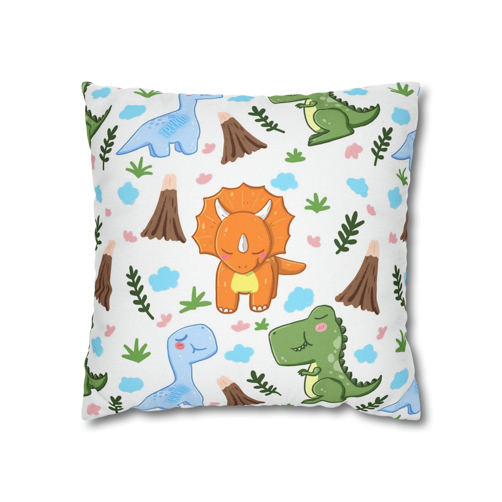 TryKid's Dino Haven Spun Polyester Square Pillow Case - Cozy and Stylish, Featuring the Same Vibrant Dinosaur and Tree Design for a Fun Kids' Bedroom