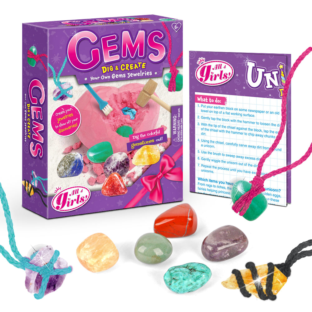 Gemstone Dig Kit Toys For Kids Dig Up 6 Gems& Rocks Science STEM Activities Educational Gifts For Boys Girls Age Above 6 Gemstones Necklace DIY Gifts - TryKid