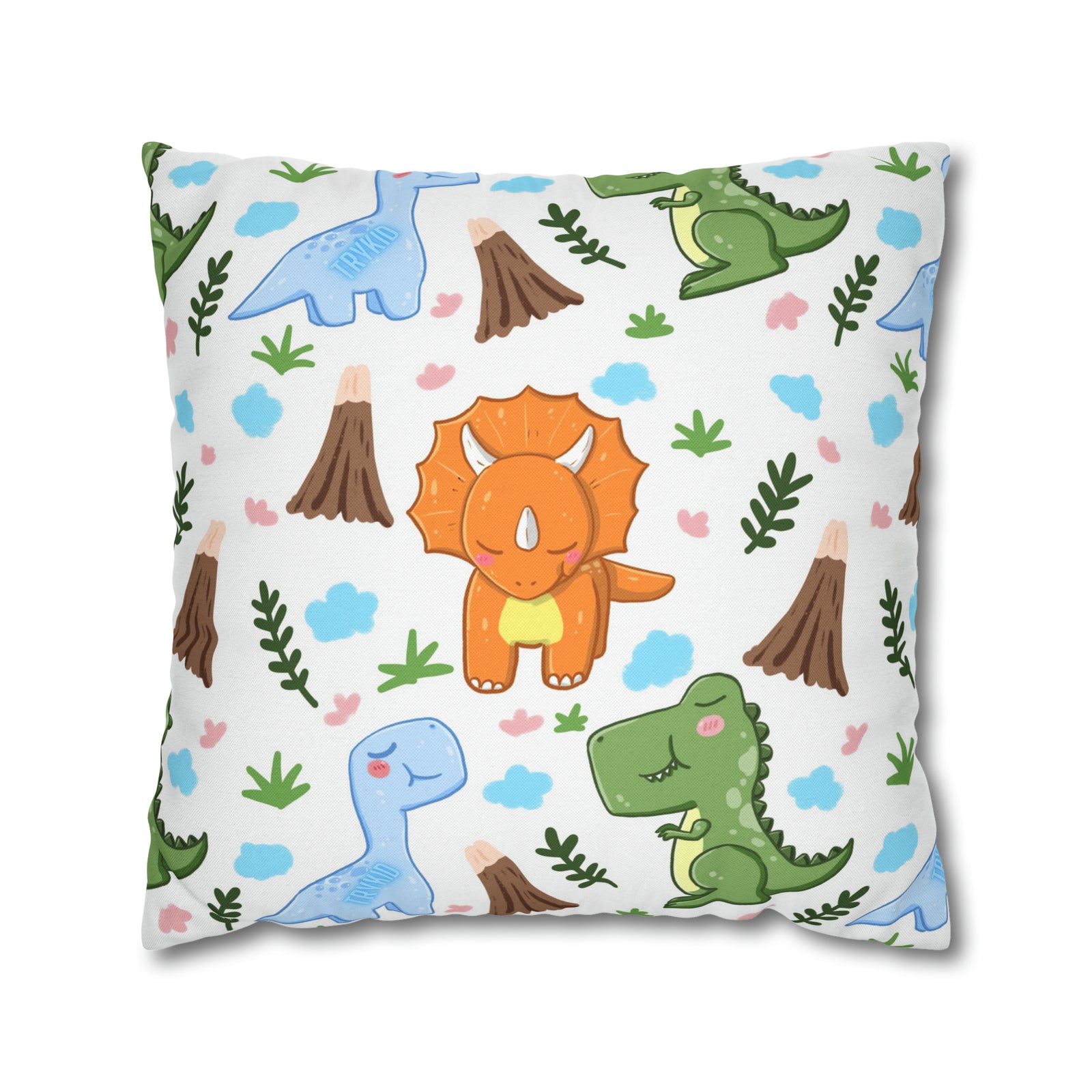 TryKid's Dino Haven Spun Polyester Square Pillow Case - Cozy and Stylish, Featuring the Same Vibrant Dinosaur and Tree Design for a Fun Kids' Bedroom