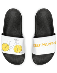 Stride in Style: Youth PU Slide Sandals featuring the TryKid Logo, Bicycle, and Keep Moving Unique Design for Cool and Trending Vibes!
