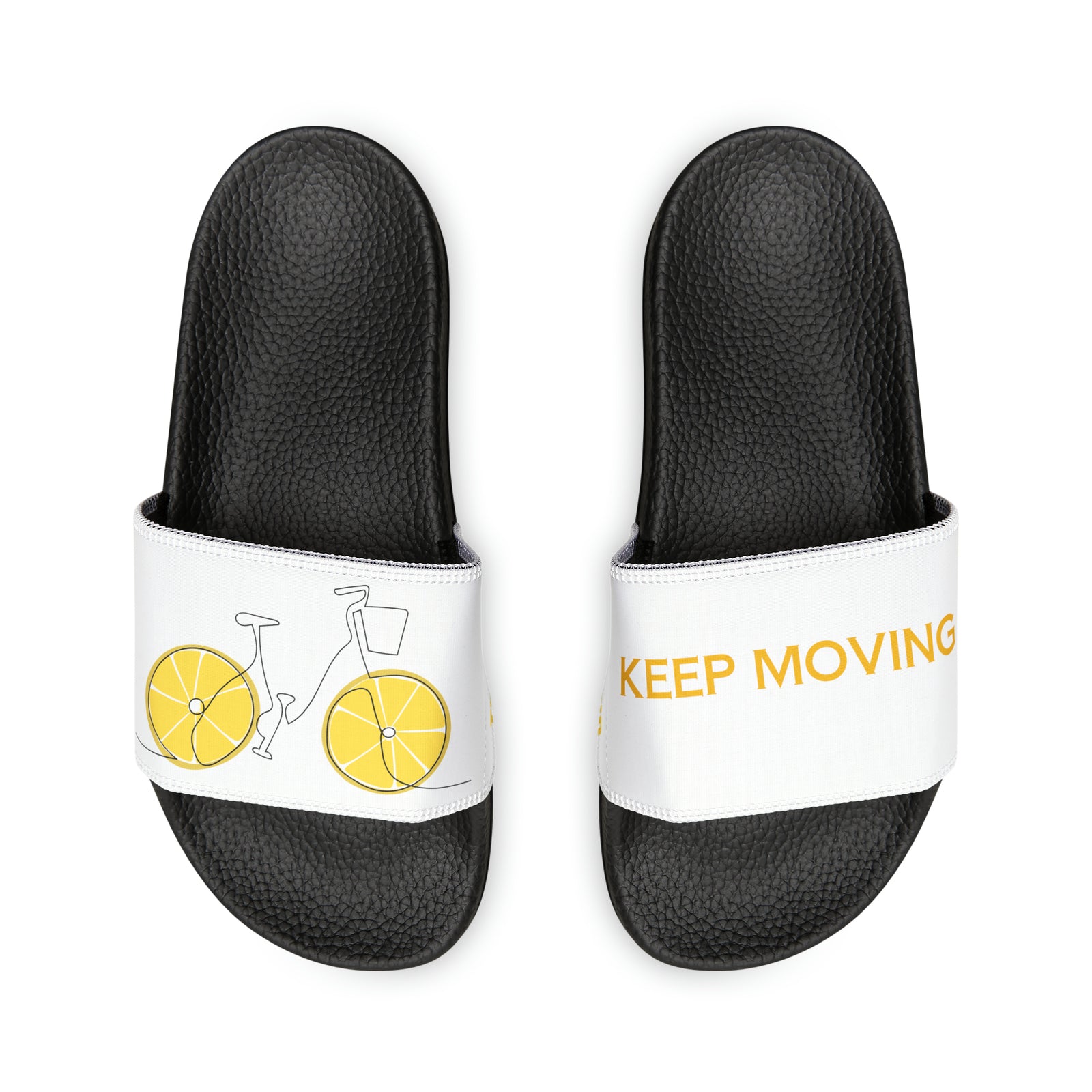 Stride in Style: Youth PU Slide Sandals featuring the TryKid Logo, Bicycle, and Keep Moving Unique Design for Cool and Trending Vibes!