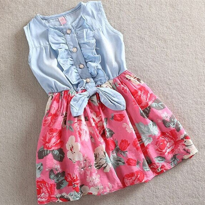 Summer Children Sleeveless Girl Denim Floral Dresses - TryKid