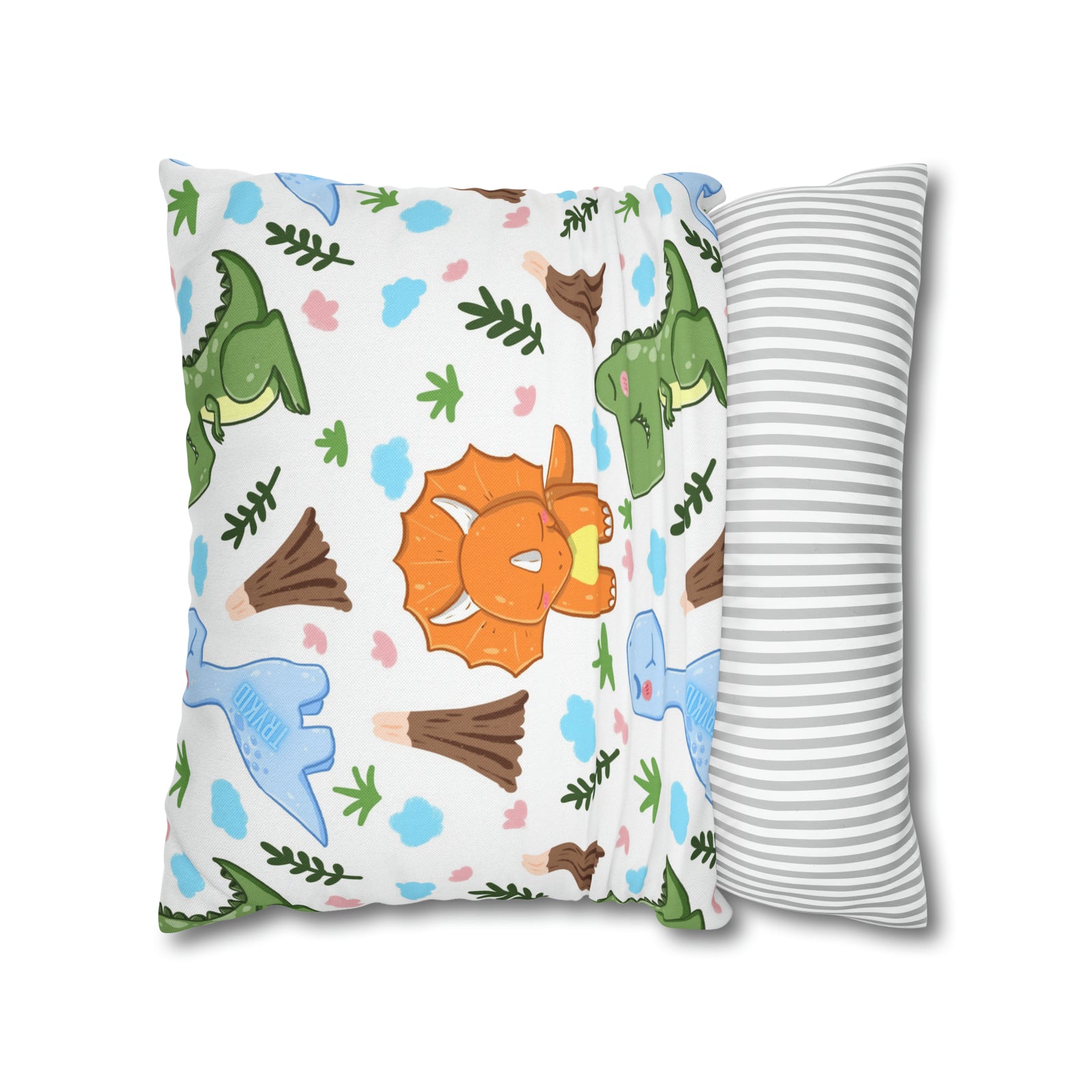 TryKid's Dino Haven Spun Polyester Square Pillow Case - Cozy and Stylish, Featuring the Same Vibrant Dinosaur and Tree Design for a Fun Kids' Bedroom