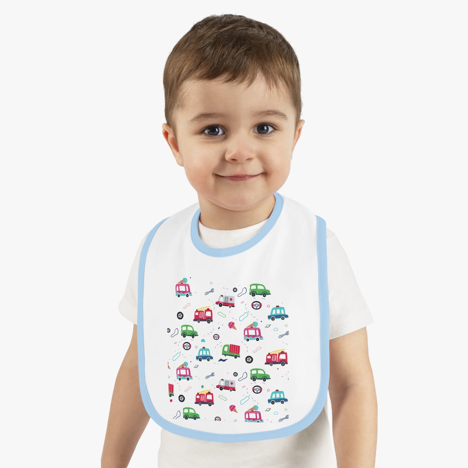 TryKid's Fun Ride Contrast Trim Jersey Bib for Babies - Featuring Cars and Exciting Designs for a Playful Mealtime Experience