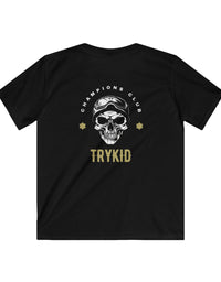 Elevate Young Style: TRYKID Logo Softstyle Tee with Skull, Road Motorbike Love, and Champions Club Design
