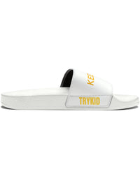 Stride in Style: Youth PU Slide Sandals featuring the TryKid Logo, Bicycle, and Keep Moving Unique Design for Cool and Trending Vibes!
