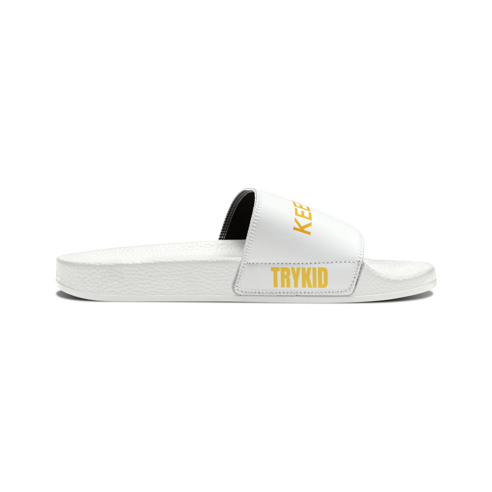 Stride in Style: Youth PU Slide Sandals featuring the TryKid Logo, Bicycle, and Keep Moving Unique Design for Cool and Trending Vibes!