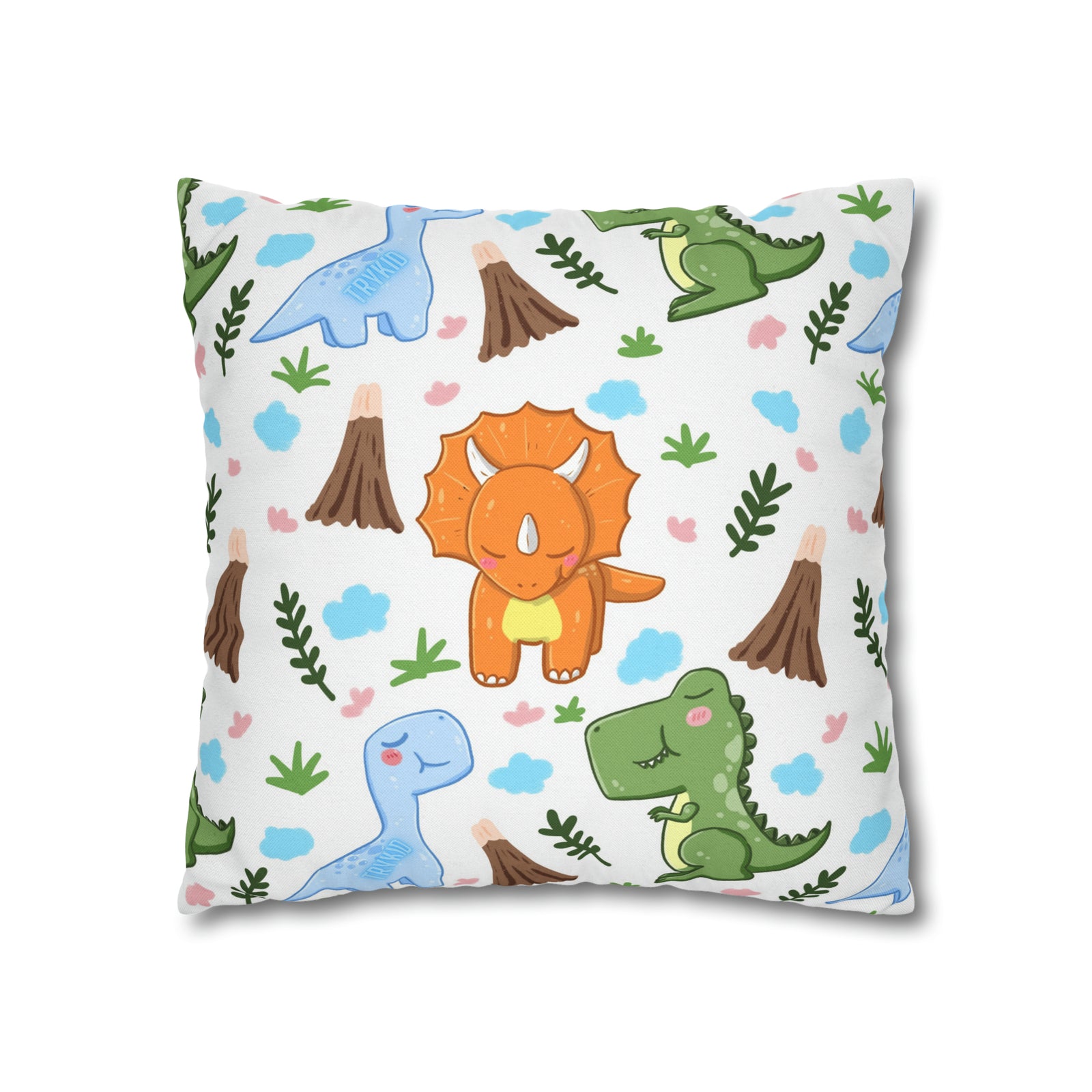 TryKid's Dino Haven Spun Polyester Square Pillow Case - Cozy and Stylish, Featuring the Same Vibrant Dinosaur and Tree Design for a Fun Kids' Bedroom