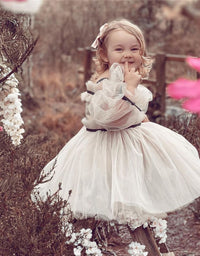 Elegant Ball Gown Kids Tulle Puff Sleeve Dress - TryKid
