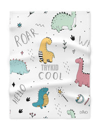 Dino Delight: Soft Fleece Baby Blanket with Playful Dinosaur Pattern Print and TryKid Logo for Cozy Cuddles
