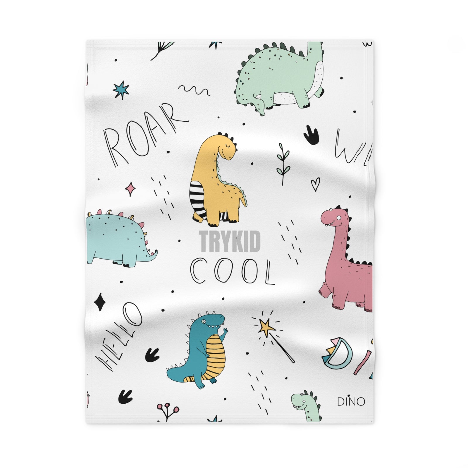 Dino Delight: Soft Fleece Baby Blanket with Playful Dinosaur Pattern Print and TryKid Logo for Cozy Cuddles