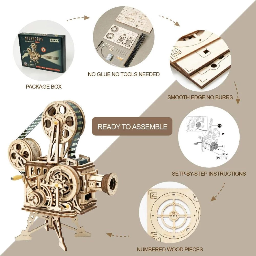 Hand Crank Projector Classic Film Vitascope 3D Wooden Puzzle Model Building Toys for Children - TryKid