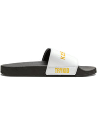Stride in Style: Youth PU Slide Sandals featuring the TryKid Logo, Bicycle, and Keep Moving Unique Design for Cool and Trending Vibes!
