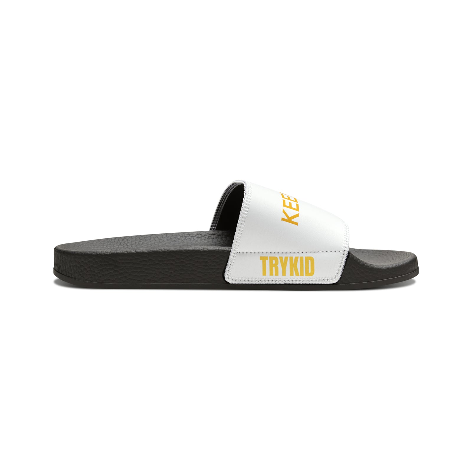 Stride in Style: Youth PU Slide Sandals featuring the TryKid Logo, Bicycle, and Keep Moving Unique Design for Cool and Trending Vibes!