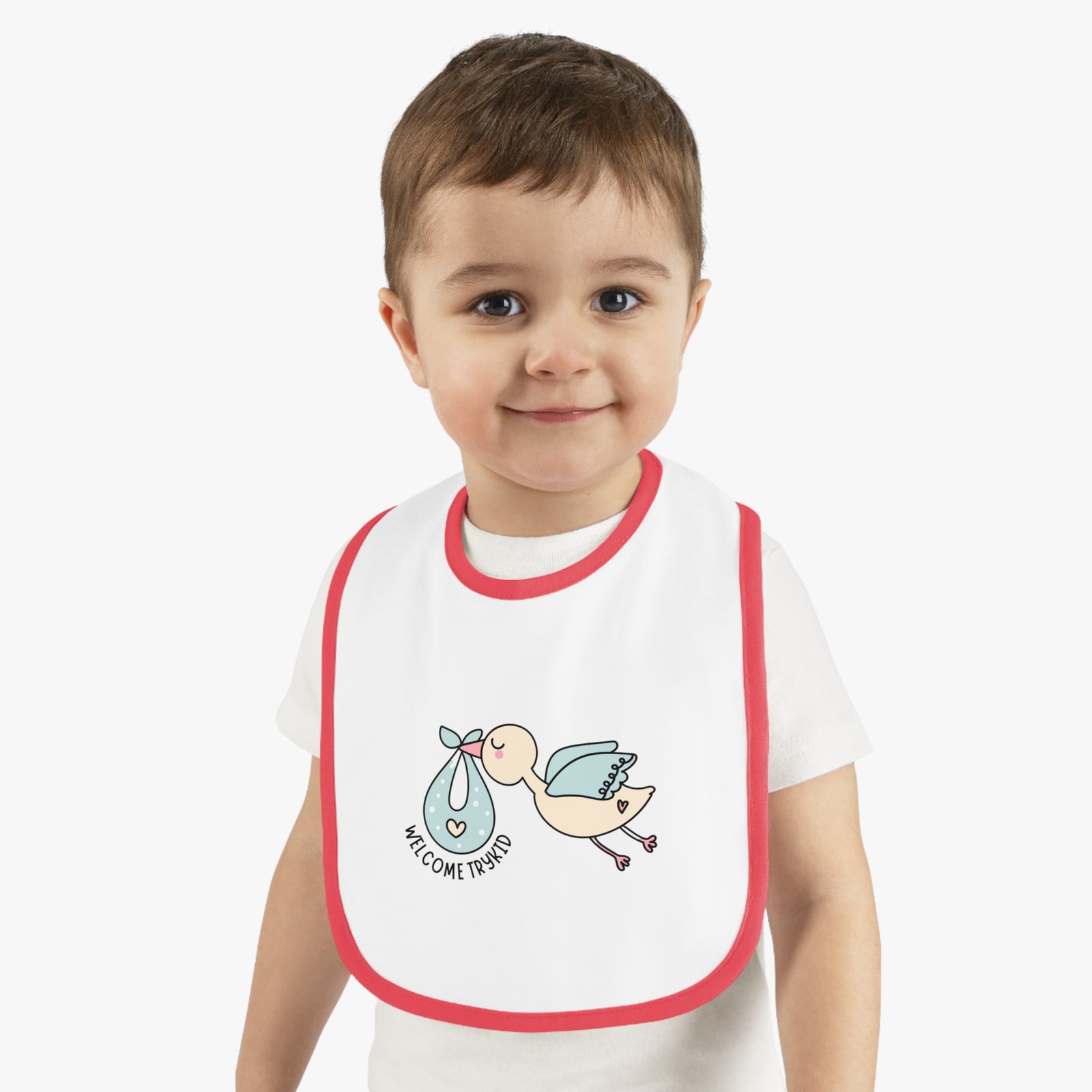 Adorable Baby Contrast Trim Jersey Bib with Exclusive TryKid Logo and Charming Bird Design - A Stylish and Practical Essential for Mess-Free Meals