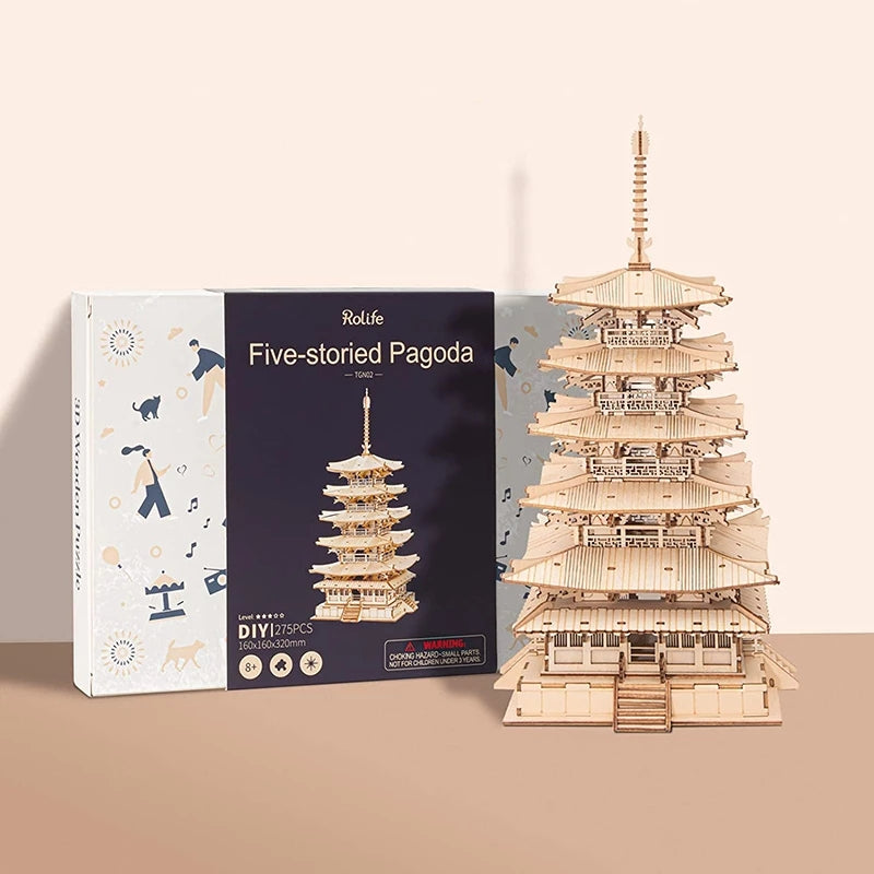 Robotime Five-storied Pagoda 3D Wooden Puzzle Toys For Children Kids Birthday Christmas Gift Home Decoration TGN02 Dropshipping - TryKid