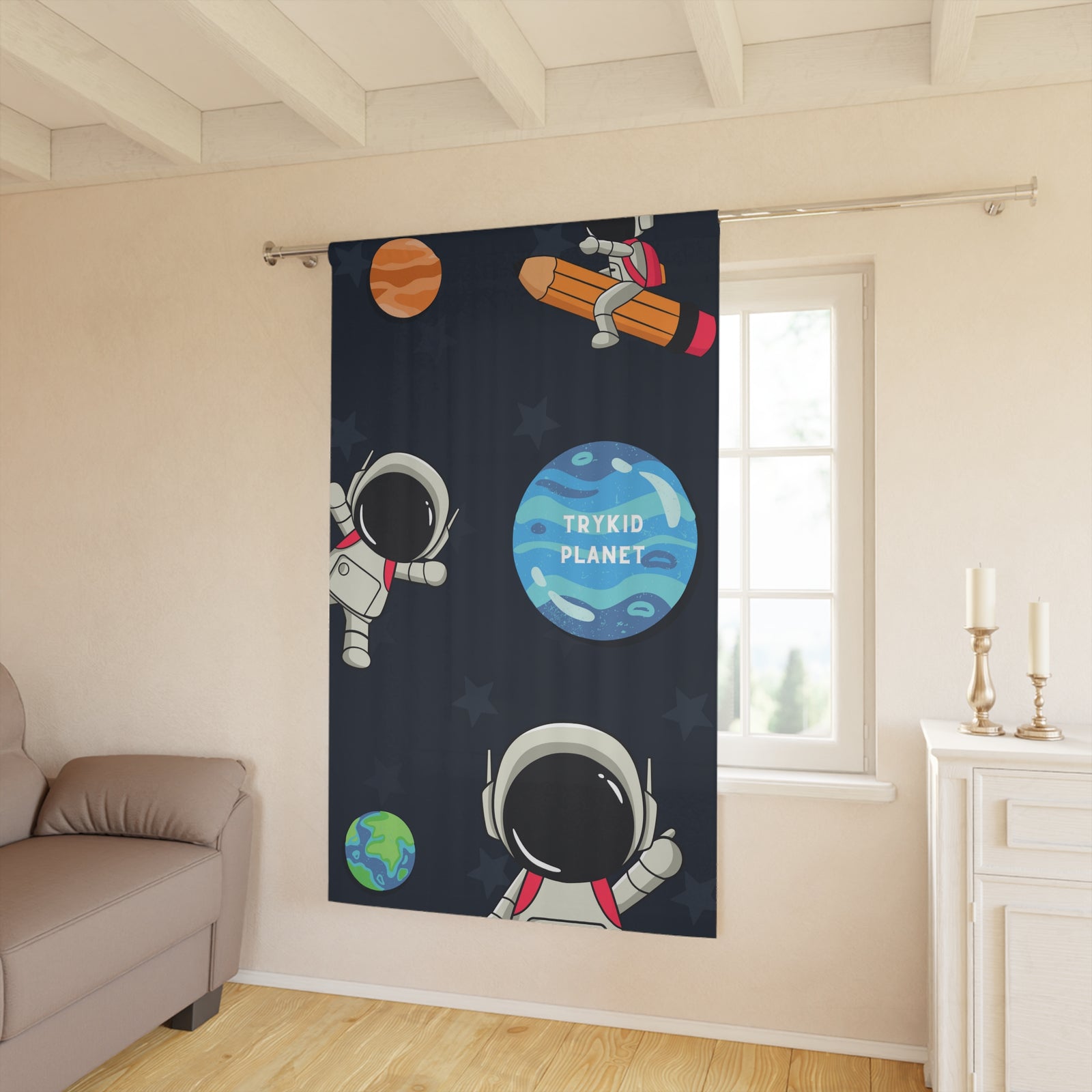 Space Adventure Window Curtain (1 Piece) - Astronauts, Stars, and Rocket Ship Fun for Kids' Bedroom Decor