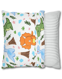 TryKid's Dino Haven Spun Polyester Square Pillow Case - Cozy and Stylish, Featuring the Same Vibrant Dinosaur and Tree Design for a Fun Kids' Bedroom
