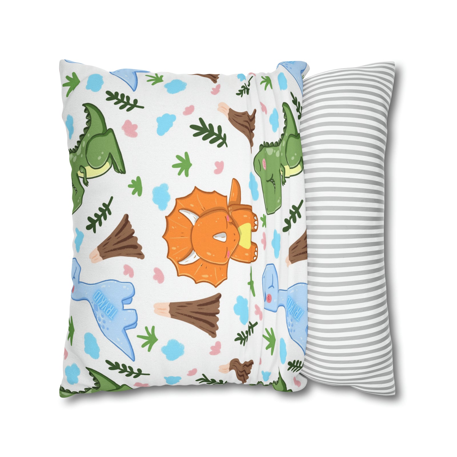 TryKid's Dino Haven Spun Polyester Square Pillow Case - Cozy and Stylish, Featuring the Same Vibrant Dinosaur and Tree Design for a Fun Kids' Bedroom