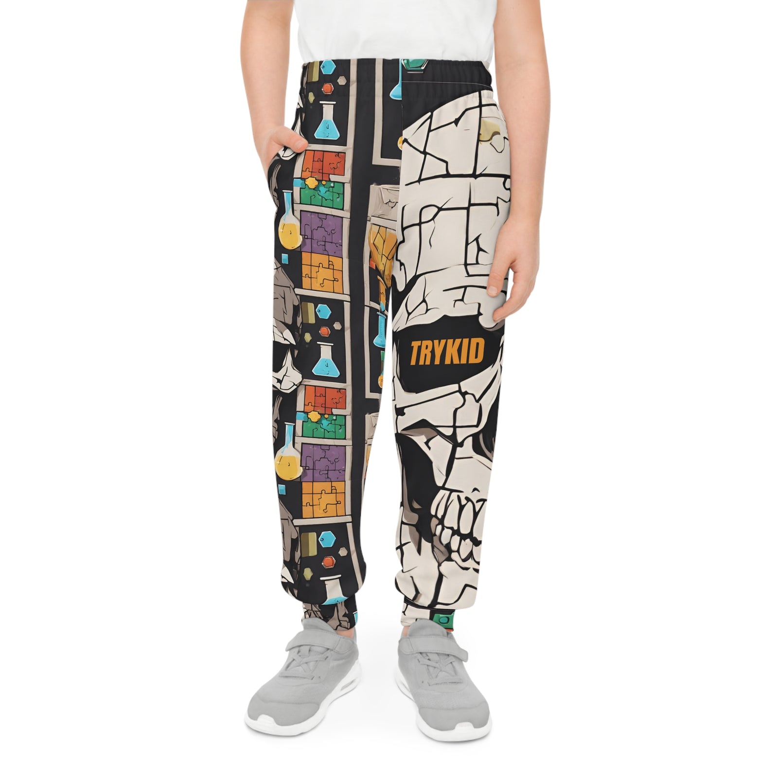 TryKid Logo Youth Joggers with Unique Laboratory Skull Design (AOP) for Trendsetting Youth and Kids Fashion