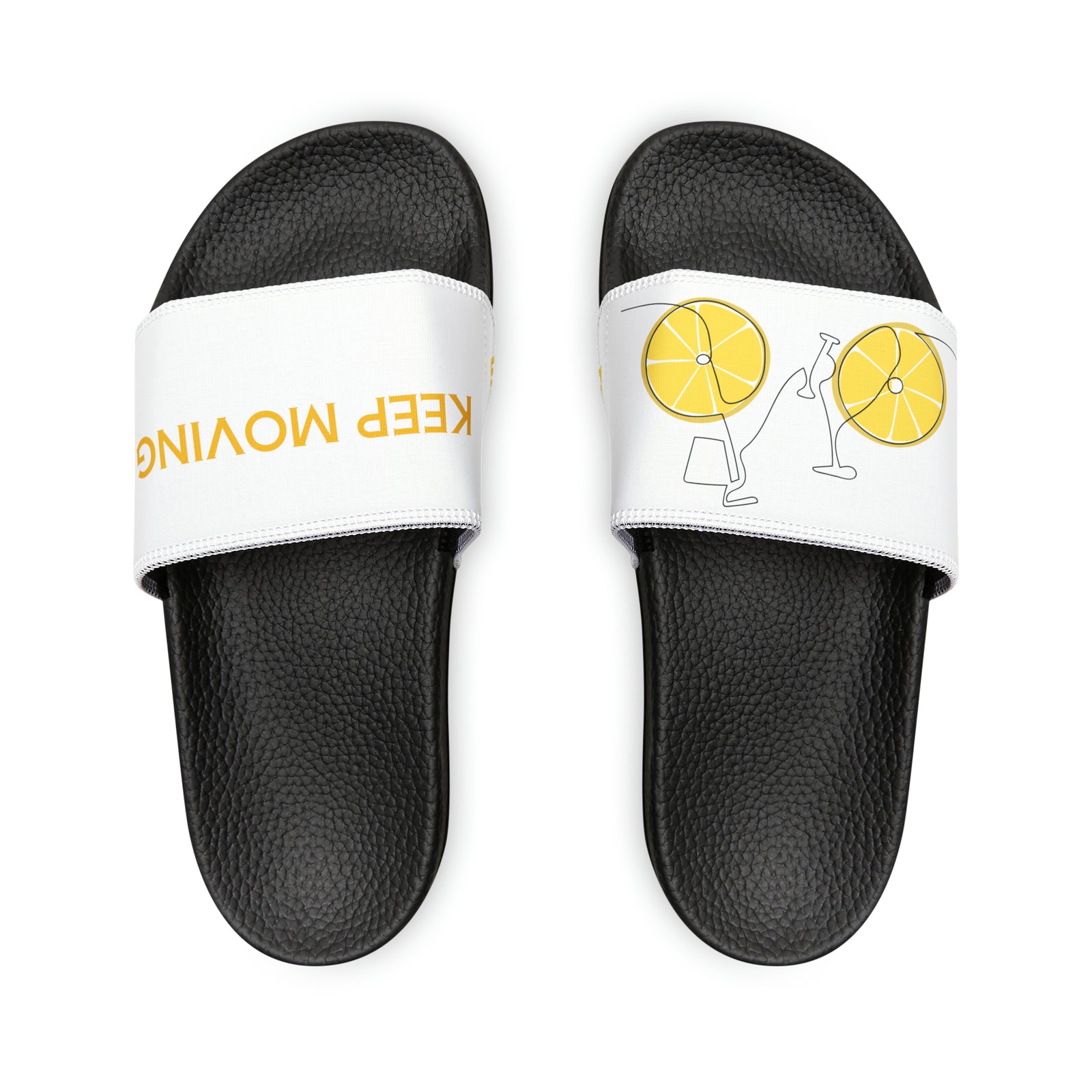 Stride in Style: Youth PU Slide Sandals featuring the TryKid Logo, Bicycle, and Keep Moving Unique Design for Cool and Trending Vibes!