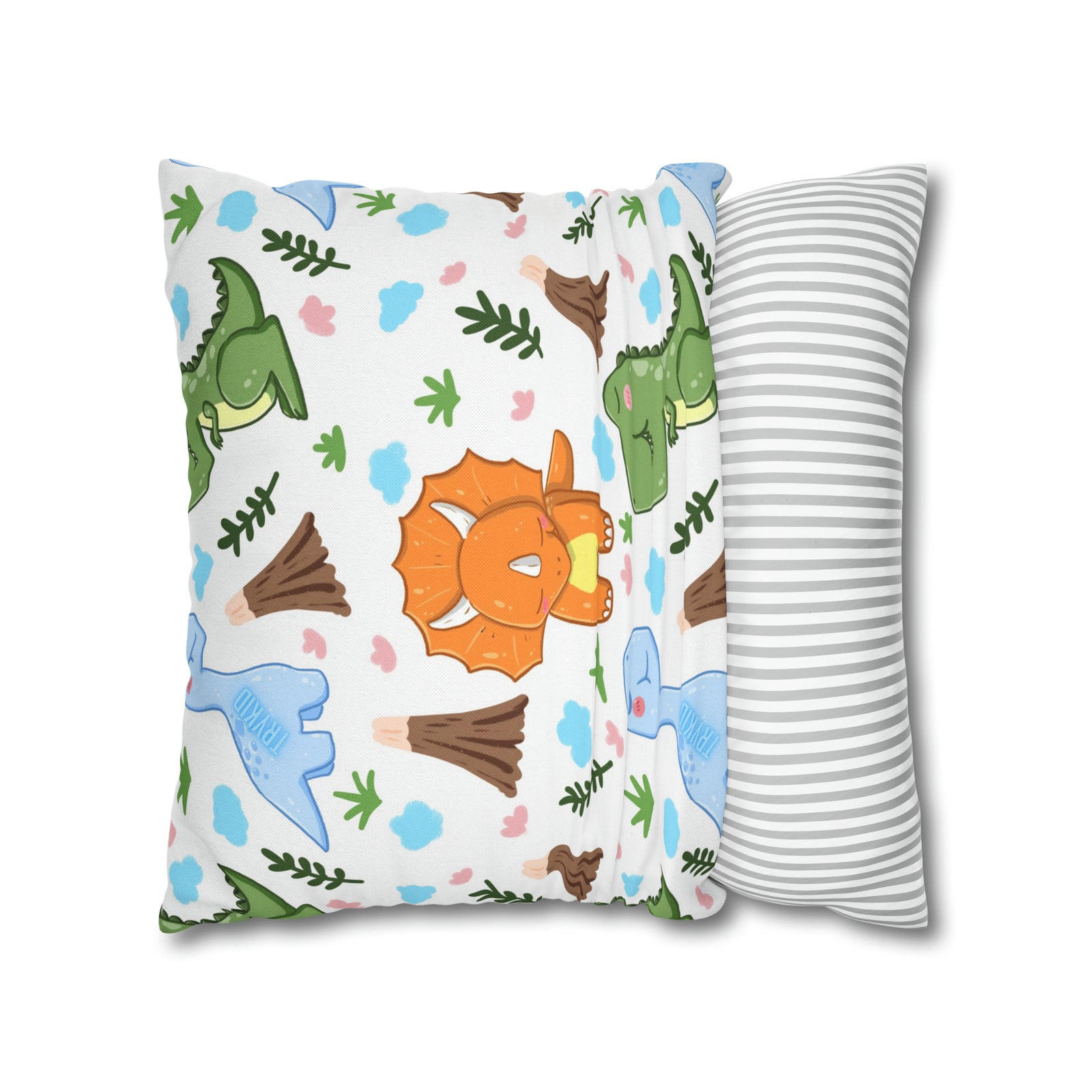 TryKid's Dino Haven Spun Polyester Square Pillow Case - Cozy and Stylish, Featuring the Same Vibrant Dinosaur and Tree Design for a Fun Kids' Bedroom