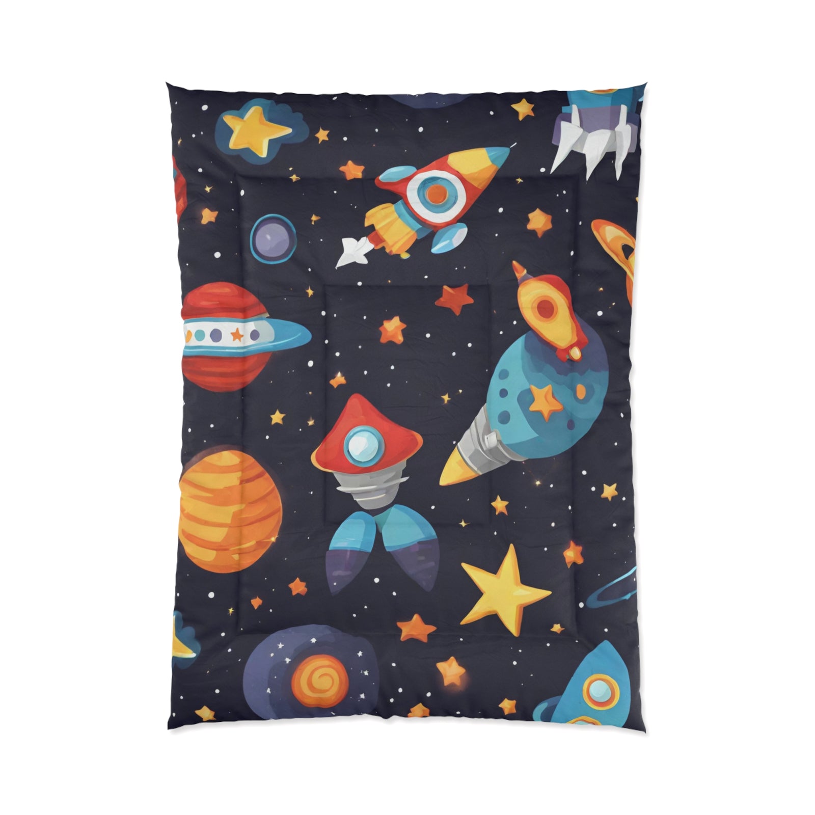 Galactic Dreams Comforter: Whimsical Stars, Sky, Galaxy Spaceships, and Fun Imagery for Kids