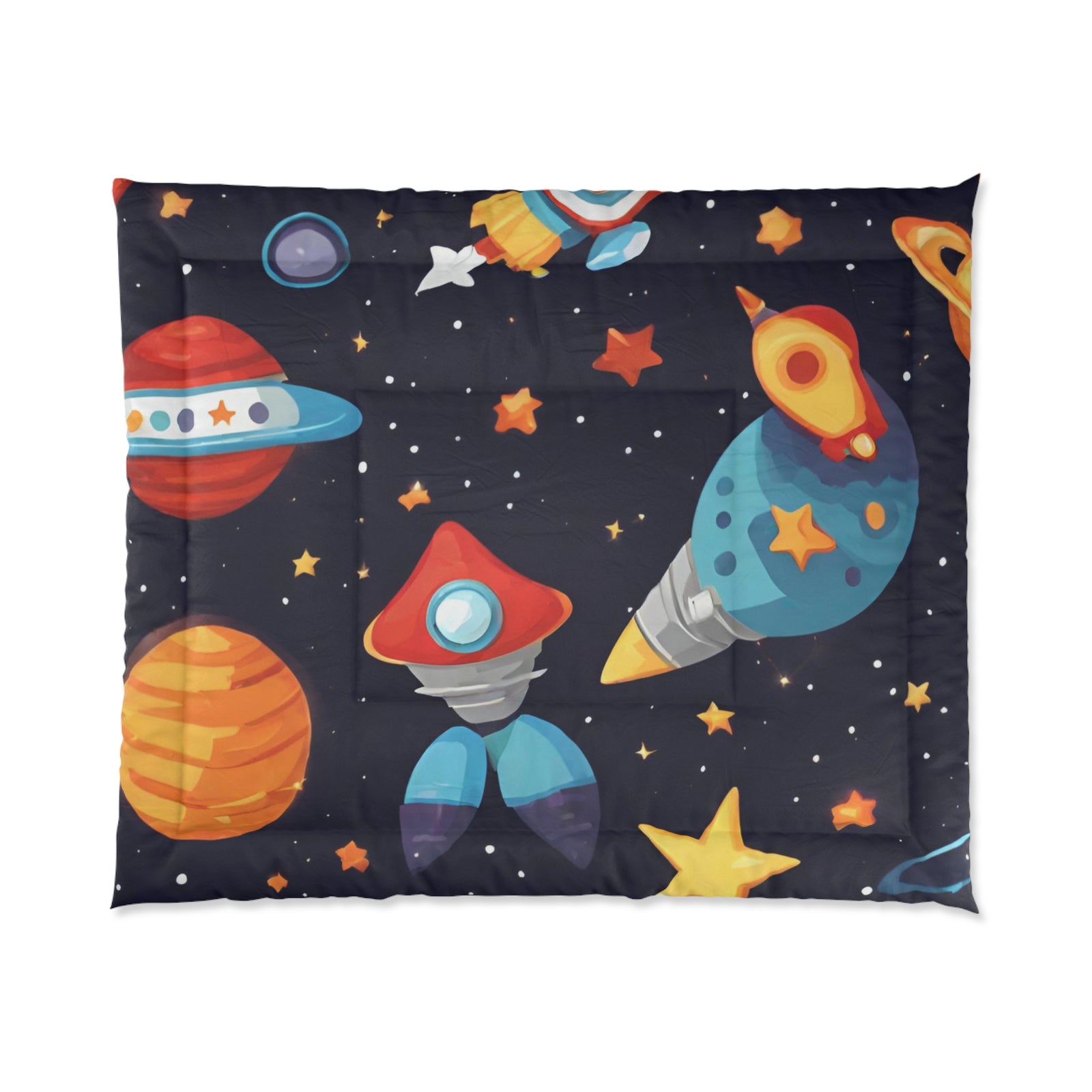 Galactic Dreams Comforter: Whimsical Stars, Sky, Galaxy Spaceships, and Fun Imagery for Kids