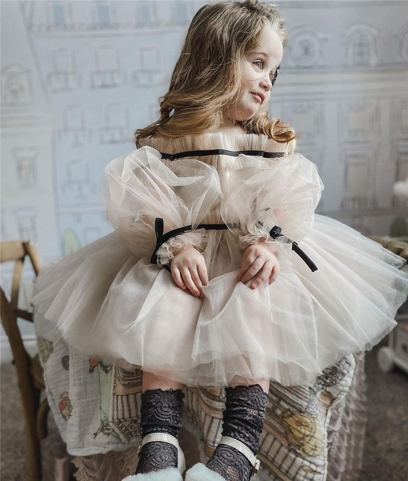 Elegant Ball Gown Kids Tulle Puff Sleeve Dress - TryKid