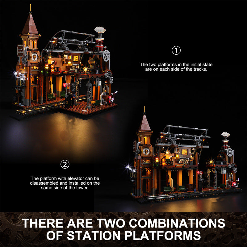 Steampunk Train Station Building Blocks Light Puzzle Model Toys - TryKid