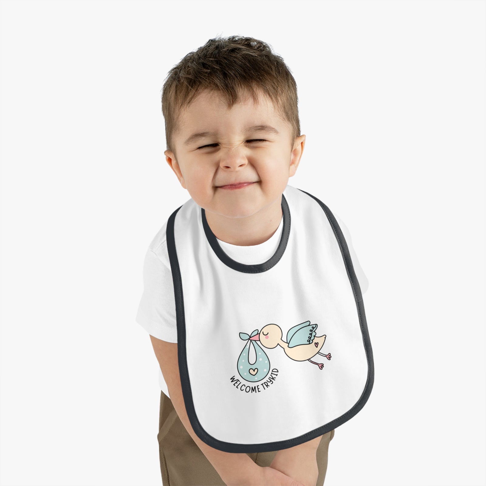 Adorable Baby Contrast Trim Jersey Bib with Exclusive TryKid Logo and Charming Bird Design - A Stylish and Practical Essential for Mess-Free Meals