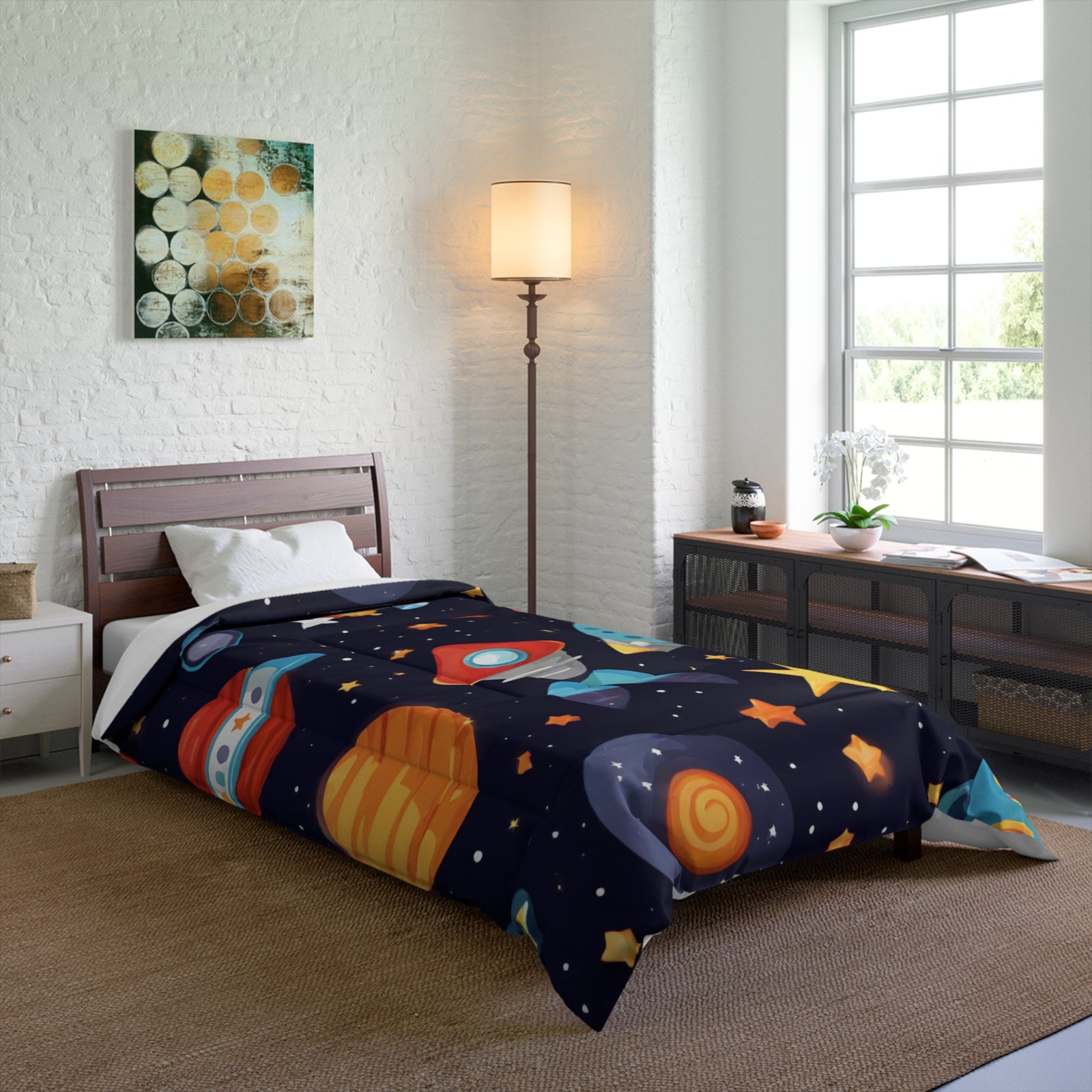 Galactic Dreams Comforter: Whimsical Stars, Sky, Galaxy Spaceships, and Fun Imagery for Kids