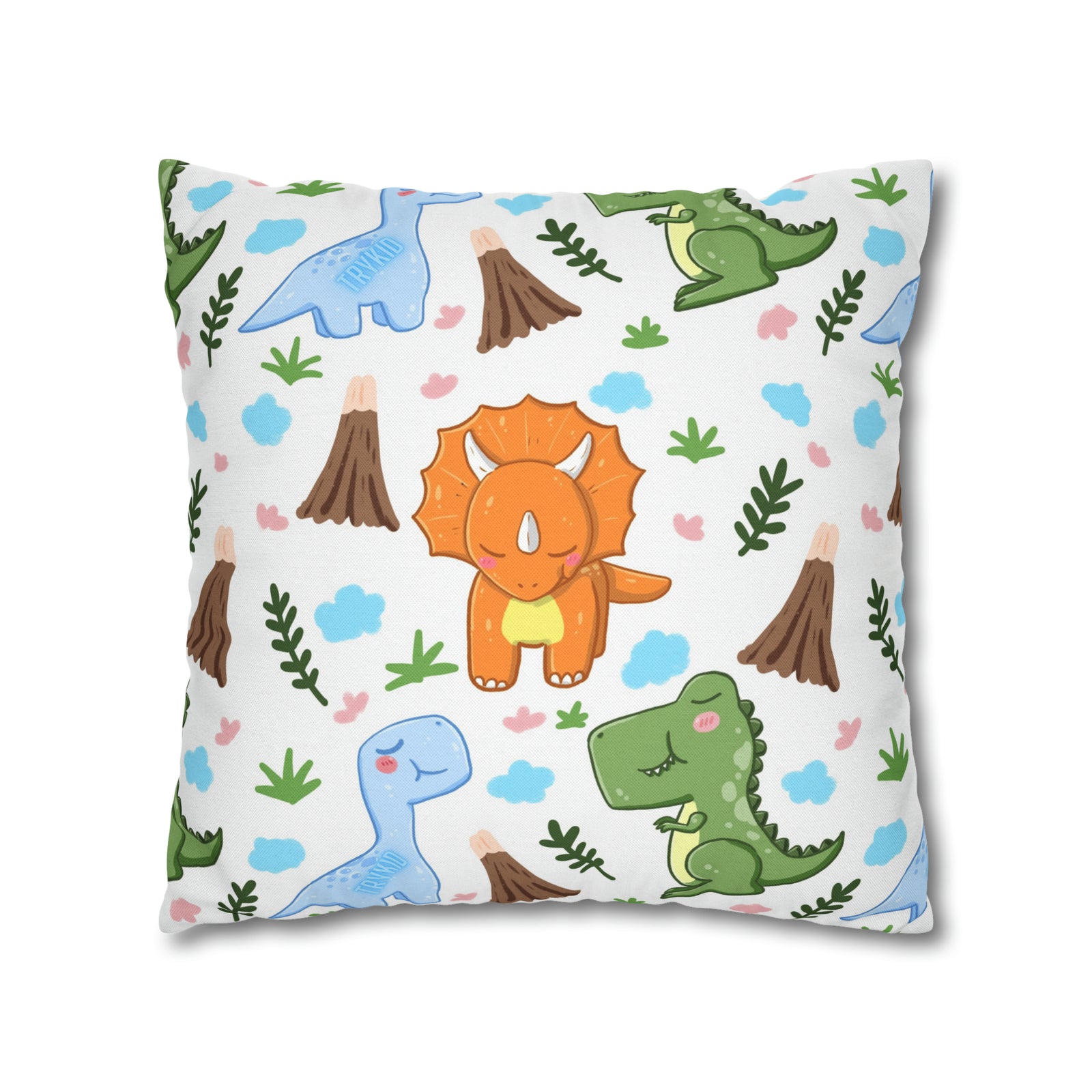 TryKid's Dino Haven Spun Polyester Square Pillow Case - Cozy and Stylish, Featuring the Same Vibrant Dinosaur and Tree Design for a Fun Kids' Bedroom