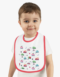 TryKid's Fun Ride Contrast Trim Jersey Bib for Babies - Featuring Cars and Exciting Designs for a Playful Mealtime Experience
