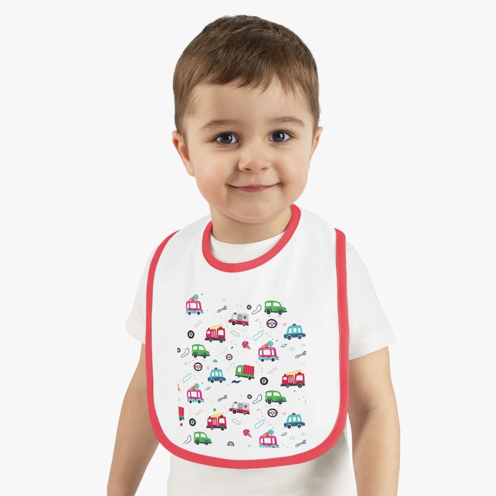 TryKid's Fun Ride Contrast Trim Jersey Bib for Babies - Featuring Cars and Exciting Designs for a Playful Mealtime Experience