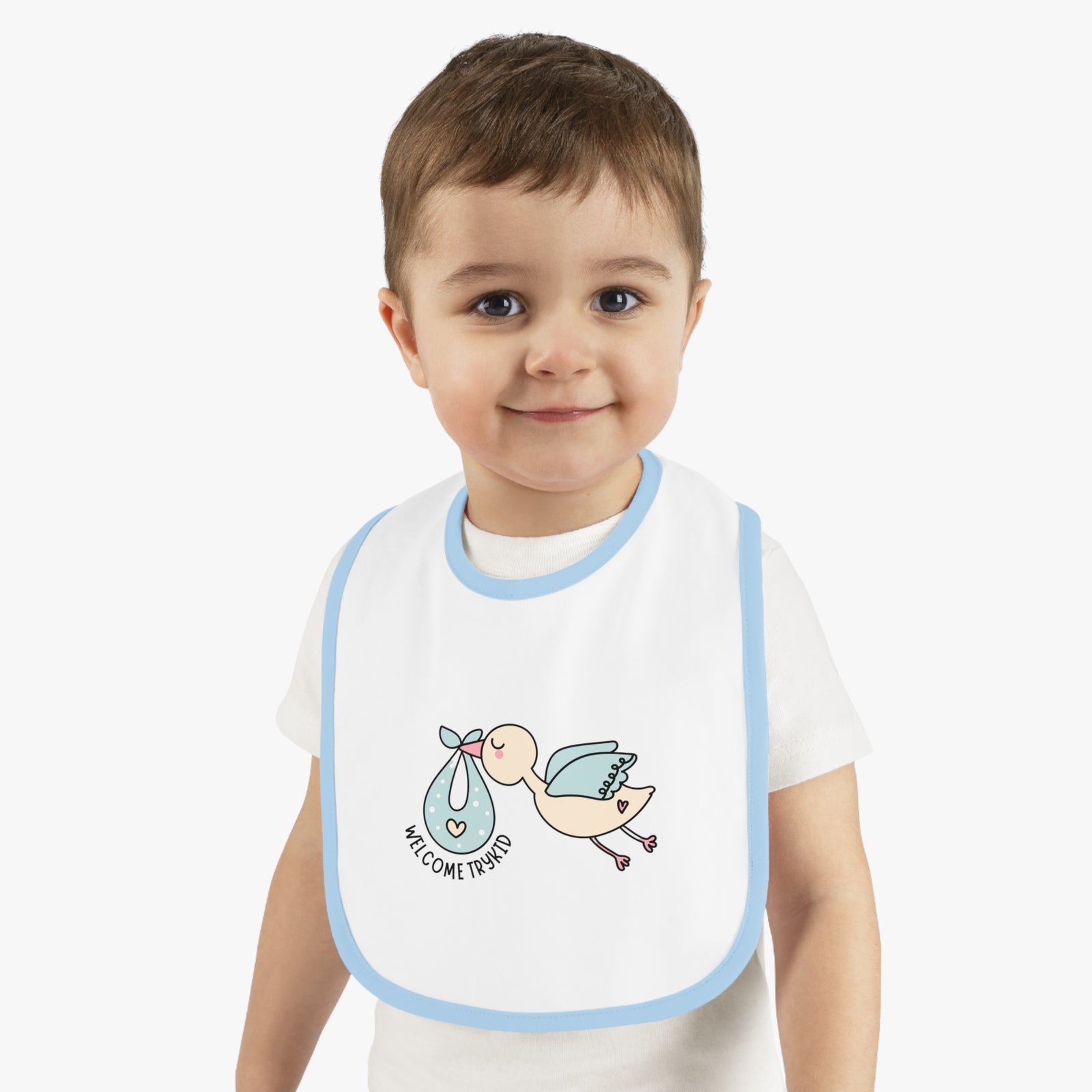 Adorable Baby Contrast Trim Jersey Bib with Exclusive TryKid Logo and Charming Bird Design - A Stylish and Practical Essential for Mess-Free Meals