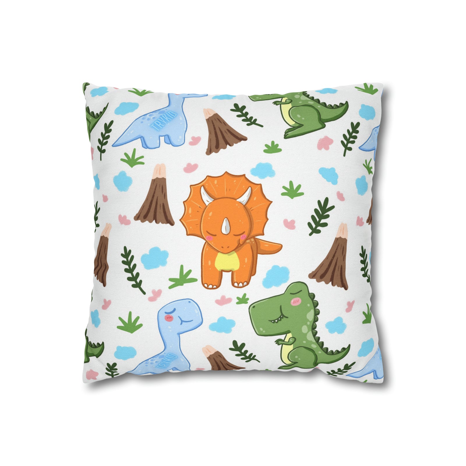 TryKid's Dino Haven Spun Polyester Square Pillow Case - Cozy and Stylish, Featuring the Same Vibrant Dinosaur and Tree Design for a Fun Kids' Bedroom