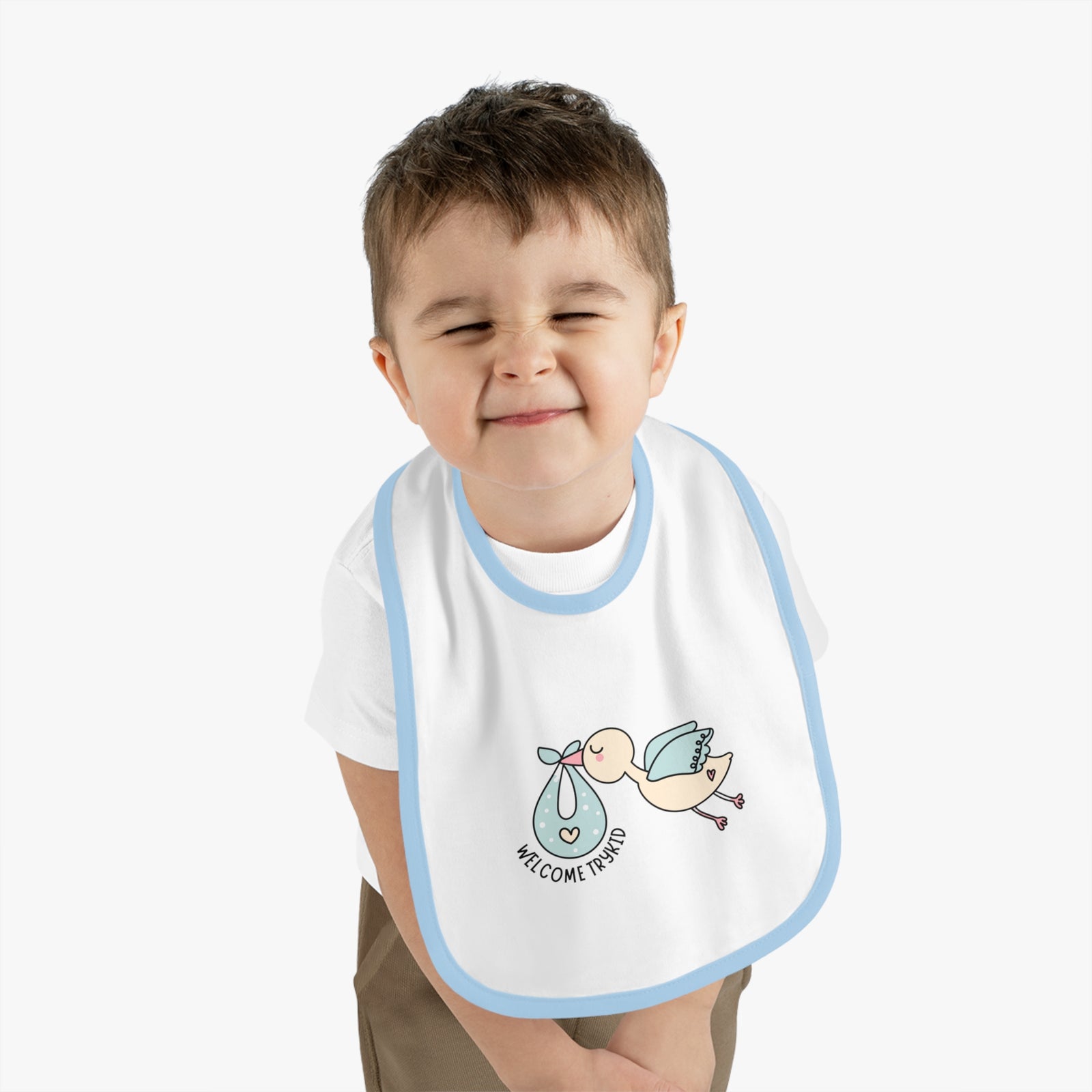 Adorable Baby Contrast Trim Jersey Bib with Exclusive TryKid Logo and Charming Bird Design - A Stylish and Practical Essential for Mess-Free Meals