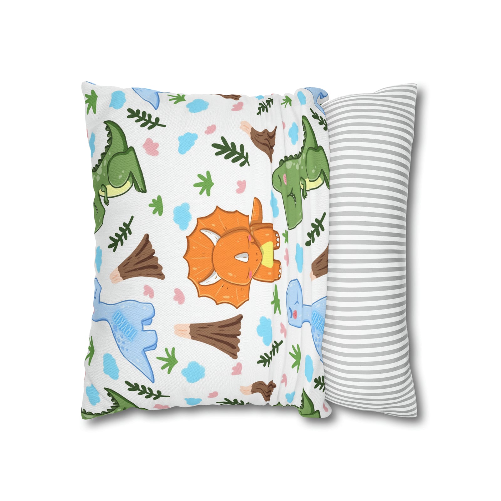 TryKid's Dino Haven Spun Polyester Square Pillow Case - Cozy and Stylish, Featuring the Same Vibrant Dinosaur and Tree Design for a Fun Kids' Bedroom