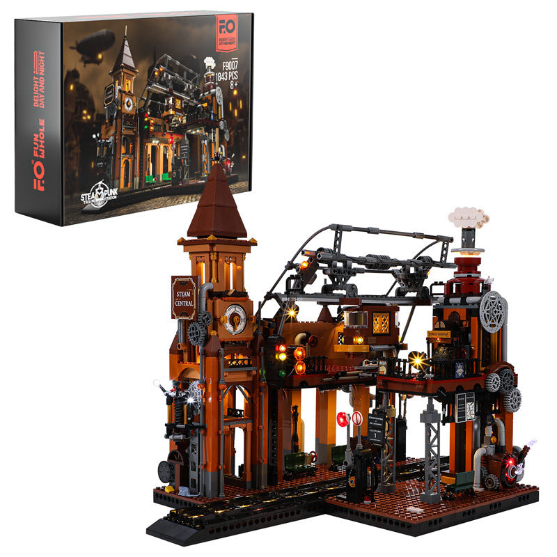 Steampunk Train Station Building Blocks Light Puzzle Model Toys - TryKid