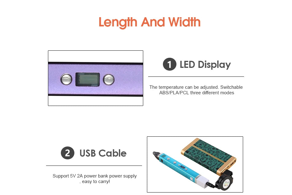 1.75mm ABS/PLA DIY 3D Pen LED Screen,USB Charging 3D Printing Pen+100M Filament Creative Toy Gift For Kids Design