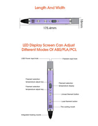 1.75mm ABS/PLA DIY 3D Pen LED Screen,USB Charging 3D Printing Pen+100M Filament Creative Toy Gift For Kids Design
