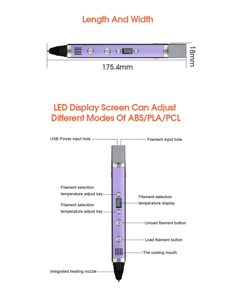 1.75mm ABS/PLA DIY 3D Pen LED Screen,USB Charging 3D Printing Pen+100M Filament Creative Toy Gift For Kids Design